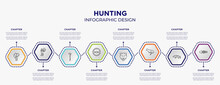 Hunting Concept Infographic Template With 8 Step Or Option. Included Balloons, Hunter, Steering Wheel, Panther, Otter, Fishbone Icons For Abstract Background.