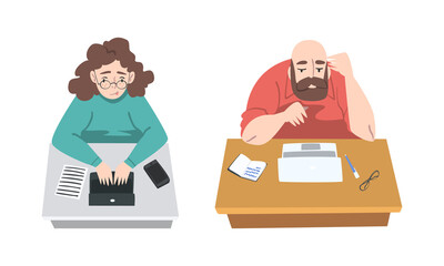 Canvas Print - Male and female authors writing articles set. Writers typing on laptop computer cartoon vector illustration