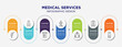 medical services concept infographic design template. included knee, mucus, antidepressants, rehabilitation, relations, medical record, homeopathy icons for abstract background.