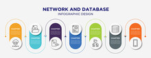 Network And Database Concept Infographic Design Template. Included Online Server, Document File, Export File, Prototyping, Folder Network, Data Storage, Mobile Phones Icons For Abstract Background.