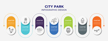 City Park Concept Infographic Design Template. Included Hen, Lighthouse, Precipitation, Rocking Horse, Oil Lamp, Cupcake, Seesaw Icons For Abstract Background.
