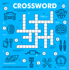 Poster - Car service and spare parts crossword grid worksheet, vector find word quiz game. Kids education riddle crossword to guess word of speedometer, car tires and engine with ignition and vehicle wrench