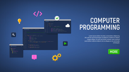 Concept of computer programming or developing software or game. Vector 3d illustration with coding symbols and programming windows. Concept of Information technologies and computer engineering.
