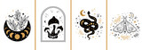 Fototapeta Boho - Celestial cards set. Mystical boho floral moon, mushroom, moth, moon serpent. Mystic celestial elements collection. Esoteric logo. Black gold color Witchcraft banner Floral snake illustration.