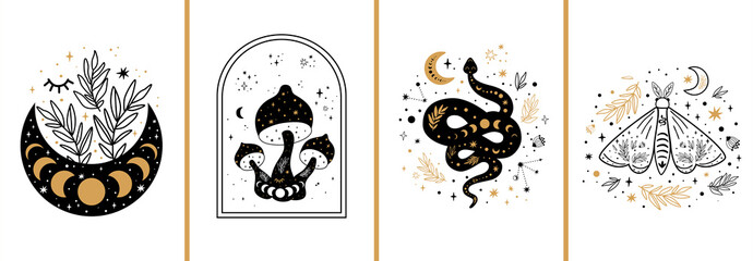 Wall Mural - Celestial cards set. Mystical boho floral moon, mushroom, moth, moon serpent. Mystic celestial elements collection. Esoteric logo. Black gold color Witchcraft banner Floral snake illustration.