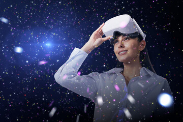 Aufkleber - Abstract double exposure image of cheerful young white european woman with VR glasses on starry sky space background. Metaverse, future and wearable device concept.