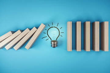 Wall Mural - Light bulb sketch in a row of wooden domino, stopping the falling dominoes, problem solving and solution, creativity concept. Blue wall background. 3D Rendering.