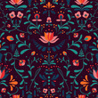 Floral seamless pattern based on traditional Hungarian embroidery. Vector texture with flowers and leaves on a dark background. Print for souvenirs, textiles, fabrics.