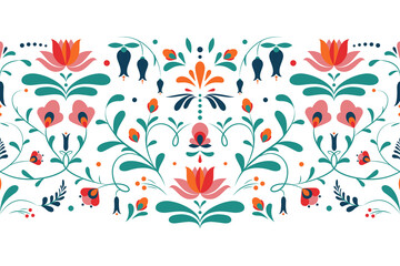 Wall Mural - Floral ornament based on traditional Hungarian embroidery. Horizontal seamless pattern with flowers and leaves on a white background. Vector floral texture, border, print for souvenir products.