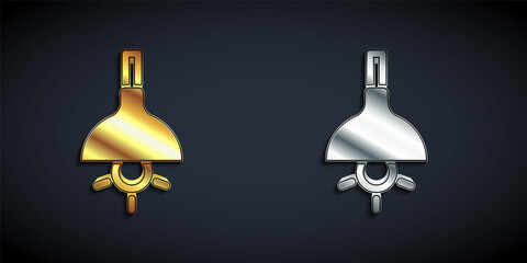 Gold and silver Lamp hanging icon isolated on black background. Ceiling lamp light bulb. Long shadow style. Vector