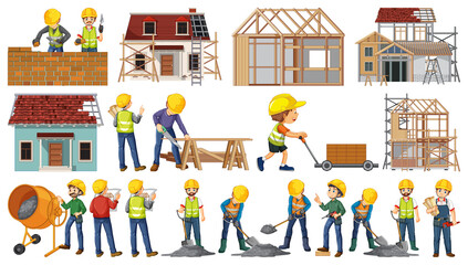 Wall Mural - set of construction site objects and workers