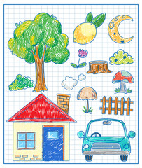 Wall Mural - Kids sketch colored in hand drawn style