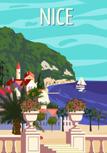 Nice French Riviera Coast Poster Vintage. Mediterranean Resort, Coast, Sea, Palms, Beach. Retro Style Illustration Vector
