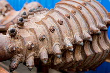 Close up of Well expander for Horizontal directional drilling technology. Drilling machine work process. Trenchless laying of communications, pipes and water pipes