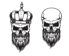Bearded Skull In Crown, Tattoo Of Vector Dead King Skeleton Head With Black Beard And Mustache, Evil Smile And Medieval Royal Crown. Isolated Monochrome Crowned Human Skull T-shirt Print Or Tattoo