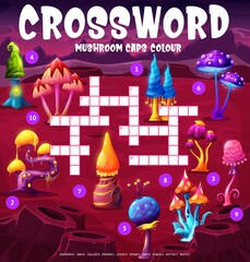 Aufkleber - Alien mushrooms find a color of cap crossword grid worksheet. Find a word quiz game, children vocabulary playing activity vector page template. Children text riddle with fantasy, gloving mushrooms