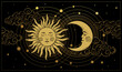 Mystical sky boho banner, golden sun and moon with a face on a black background. Magic print for astrology, tarot, witch, mysticism, yoga. Vector poster in vintage style.