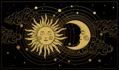 Wall Mural - Mystical sky boho banner, golden sun and moon with a face on a black background. Magic print for astrology, tarot, witch, mysticism, yoga. Vector poster in vintage style.