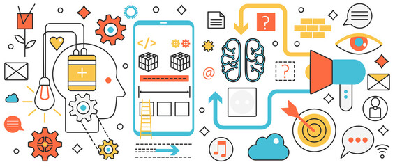 Poster - Brainstorming digital technology. Abstract process of work, search and ideas creation by brain, mind vision and light bulb, education challenge in infographic concept banner, thin line art design