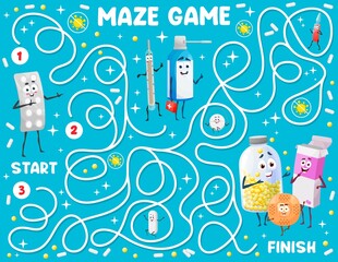 Leinwandbilder - Kids labyrinth maze worksheet with cartoon syrup, thermometer, pills and medication characters, vector riddle game. Labyrinth maze puzzle or riddle to find way for pills, syrup and spray with patch