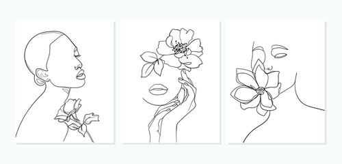 Wall Mural - Set of faces with flower. Abstract minimal portrait. - Vector illustration
