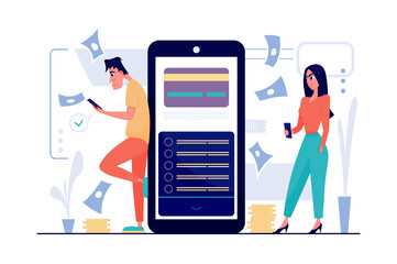 Aufkleber - Mobile banking concept in flat cartoon design. Man and woman use bank service in smartphone app, make money transfers, exchange, transaction, payment. Vector illustration with people scene for web