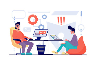 Fototapete - Cyber security concept in flat cartoon design. Men work in technical support, solve user problems, provide protection against viruses, save personal data. Vector illustration with people scene for web