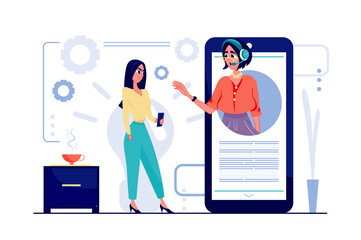 Poster - Virtual assistant concept in flat cartoon design. Woman calling to support center to solve problem, operator consults client and answers questions. Vector illustration with people scene for web