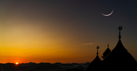 Wall Mural - mosques dome and crescent moon on dusk sky religion of islamic and free space for text ramadan, eid 