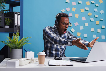mad angry customer support call center operator shouting with rage while in call with client. furiou