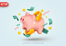 Piggy Bank With Money Creative Business Concept. Realistic 3d Design. Pink Pig Keeps Gold Coins. Keep And Accumulate Cash Savings. Safe Finance Investment. Financial Services. Vector Illustration