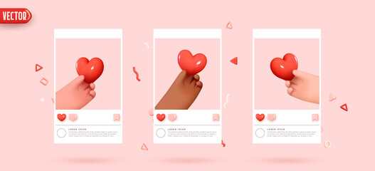 Cartoon hands give hearts. Hands holding red hearts realistic 3d design. Set of template social media frames with emoticons. Creative concept idea for posters template. vector illustration