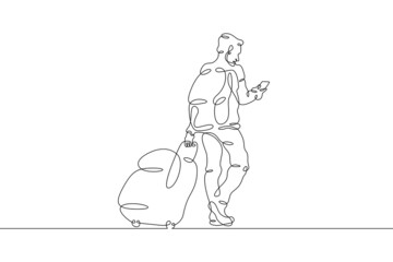 Poster - one continuous line.a tourist with luggage is waiting for transport. traveler with backpack and suit
