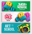 Back to school vector banner set design. Back to school text collection with bags, alarm clock and educational items on sale for student supplies shopping offer ads. Vector illustration.
