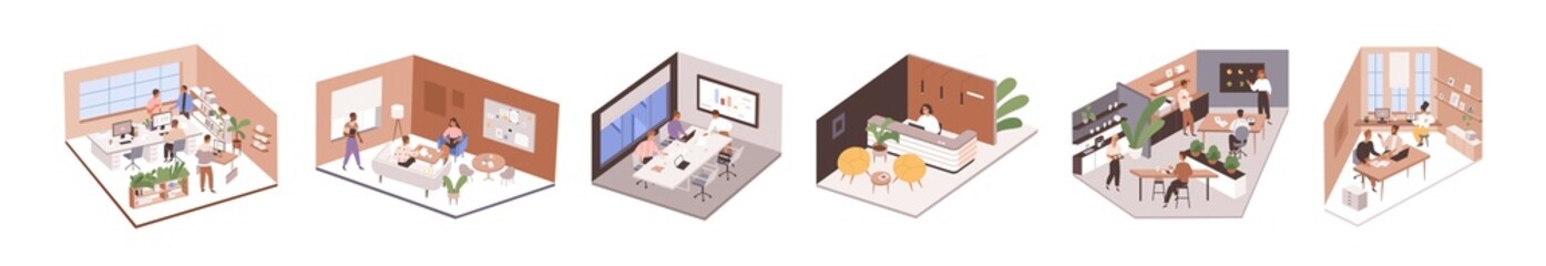 Inside isometric office interiors. People work in business rooms, workplaces, boardroom, kitchen, at coworking areas, reception set. Flat graphic vector illustrations isolated on white background
