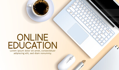 Poster - online education school vector background design. online education text with minimalist laptop, mous