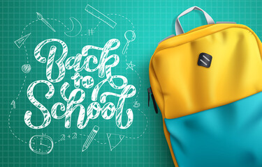 Poster - Back to school vector design. Back to school typography text in chalkboard  background with backpack bag educational element  for education learning messages. Vector illustration.
