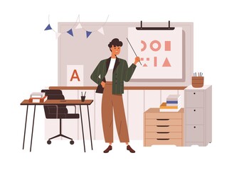 Poster - Primary school teacher standing at blackboard in classroom, conducting lesson. Pedagogue showing at class whiteboard with pointer, explaining. Flat vector illustration isolated on white background