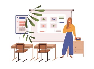 Poster - School teacher standing in empty classroom, preparing to conduct lesson, teach. Educator at whiteboard with presentation in class. Woman lecturer. Flat vector illustration isolated on white background