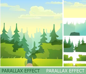 Wall Mural - road to a pine forest through farm rural field with parallax effect. cute funny floral green landsca