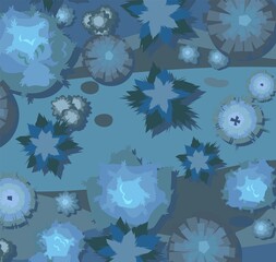 Wall Mural - night plant landscape top view. wild forest trees and bushes. dark twilight garden. illustration in 