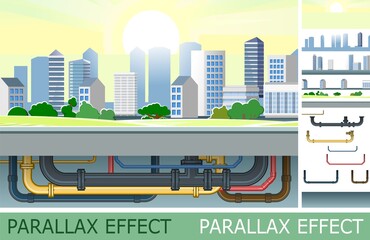 Wall Mural - Pipeline for various purposes with parallax effect. Pipes of different color calibration. Underground part of system. Illustration vector