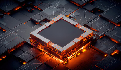 3D rendering of cyberpunk AI. Circuit board. Technology background. Central Computer Processors CPU and GPU concept. Motherboard digital chip. Tech science background.