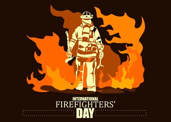 International firefighters day concept. Firefighter silhouette vector illustration, as a banner, poster or template for international firefighters day with lettering, fire and flames.