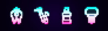 Set Line Broken Tooth, Tooth Drill, Mouthwash And Dental Implant. Glowing Neon Icon. Vector