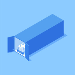 Wall Mural - Rectangle cargo transportation container with open doors and pallet industrial goods isometric vector illustration. Freight export import metallic commercial heavy package trailer trucking equipment