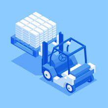 Forklift Truck Lifting Stack Of Construction Bricks Isometric Vector Illustration. Commercial Cargo Building Industrial Supply Delivery Isolated. Machinery Load Logistic Raising Heavy Goods Stockpile