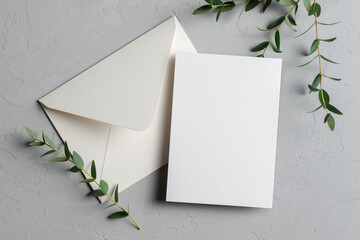 Wall Mural - Wedding invitation card mockup with eucalyptus twigs and envelope