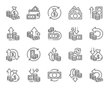 Money Line Icons. Finance, Revenue Reduction And Financial Benefit Set. Economy, Money Savings And Increase Profit Line Icons. Cash Back, Wallet And Return Finance. Inflation Rising. Vector