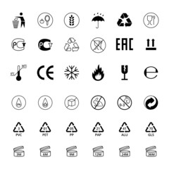 Canvas Print - Packaging and Recycling Symbol Black Thin Line Icon Set Warning Elements Pack. Vector illustration of Icons